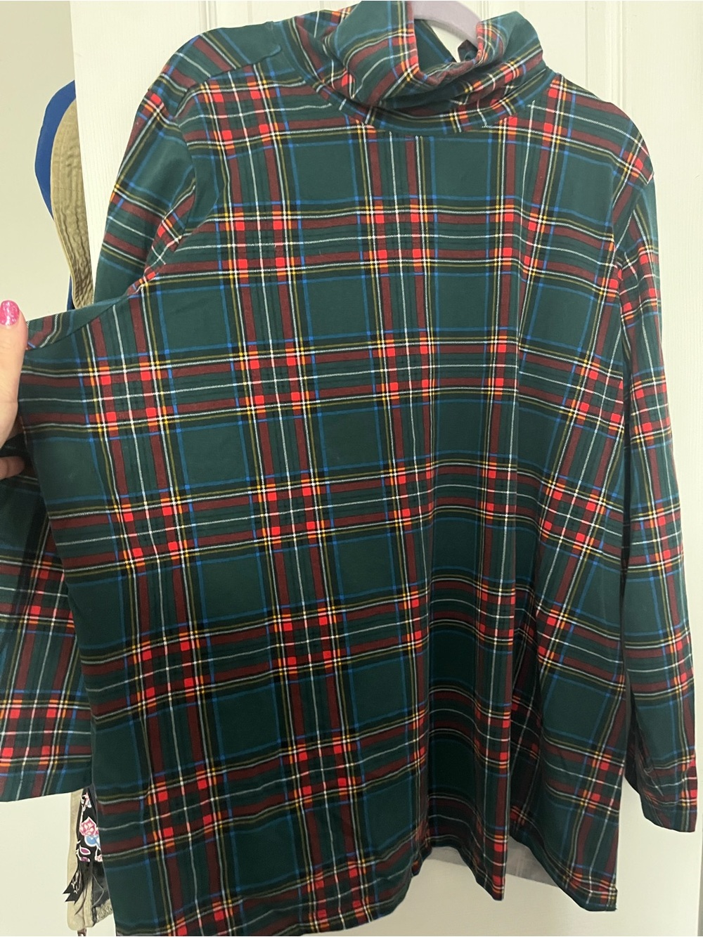 Denim & Co Green Tartan Plaid Turtle Neck Top - Perfect Jersey - 3X